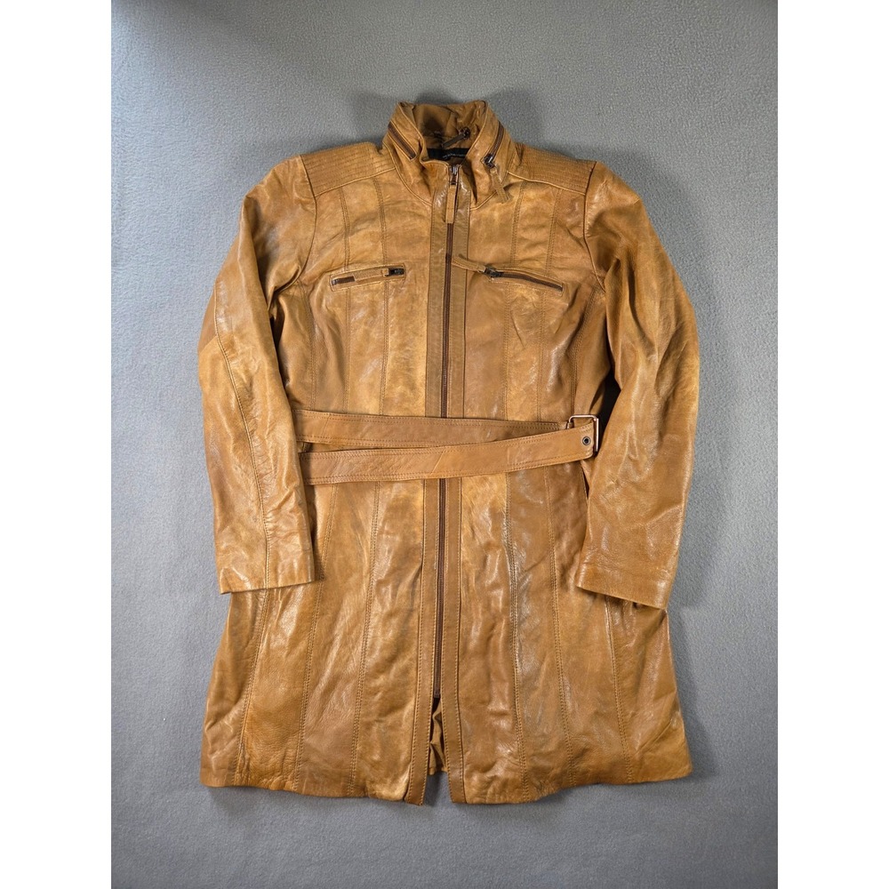 Wilsons Leather Jacket Womens XL Brown Leather Mid Length Belted Trench Coat